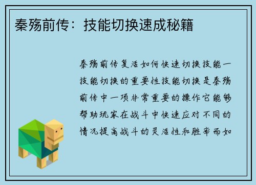 秦殇前传：技能切换速成秘籍